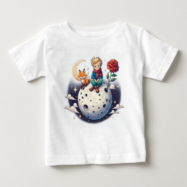 Camiseta Para Bebê Pequeno Príncipe sentado na lua (Frente)