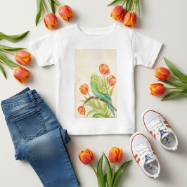 Camiseta Para Bebê Periquito com Tulipas Animais Exóticos de Estimaçã
