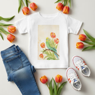 Camiseta Para Bebê Periquito com Tulipas Animais Exóticos de Estimaçã