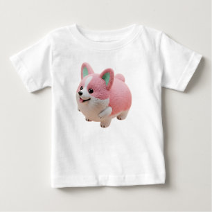 Camiseta Para Bebê Personagem 3D Kawaii de Corgi Rosa e Branco Adoráv