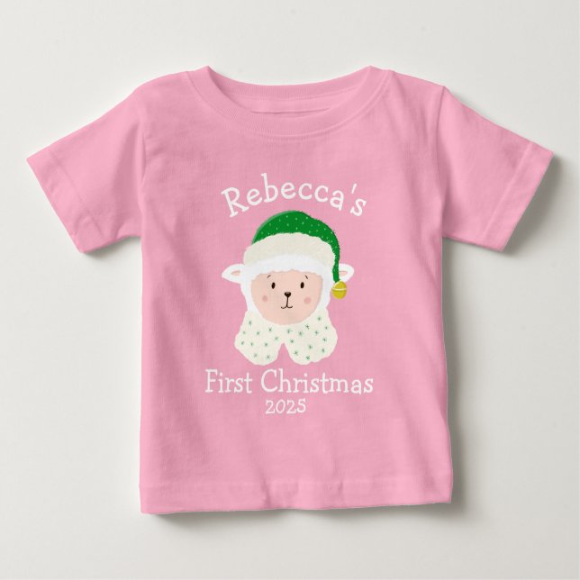 Camiseta Para Bebê Personalised Christmas Baby Sheep Wearing Elf Hat (Frente)