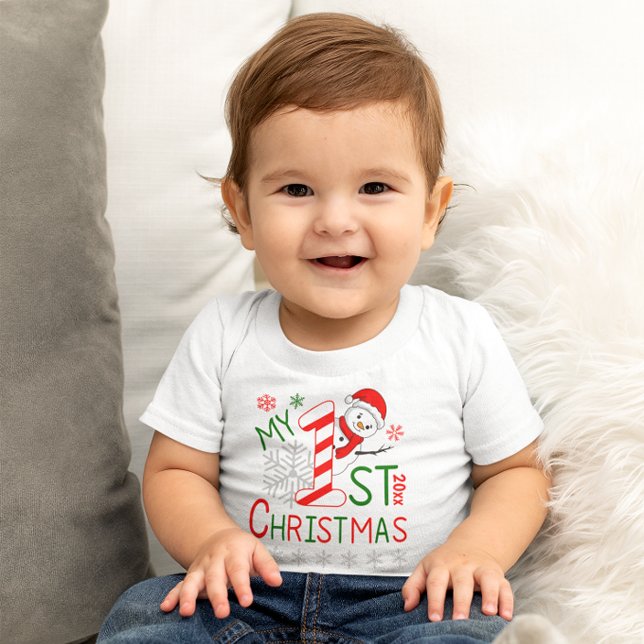 Camiseta Para Bebê Personalizado Meu Primeiro Snowman De Natal (Personalized My First Christmas Outfit Snowman Baby T-Shirt)