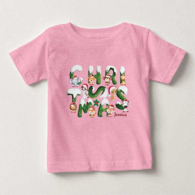 Camiseta Para Bebê Personalizar o Feliz Natal Alphabet Selvagem Anima (Frente)