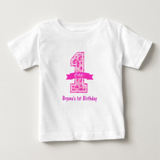 Camiseta Para Bebê Personalizar primeiro aniversario de Leopardo Rosa (Frente)