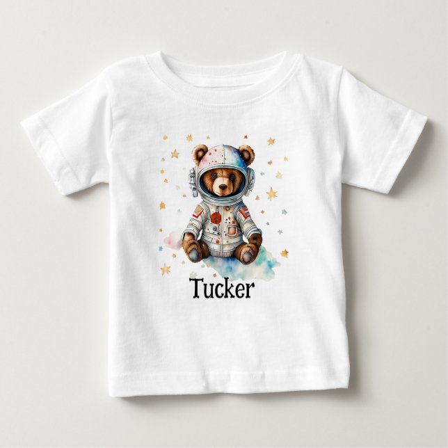 Camiseta Para Bebê Personalizar Roupas de Criança Astronauta Urso (Frente)