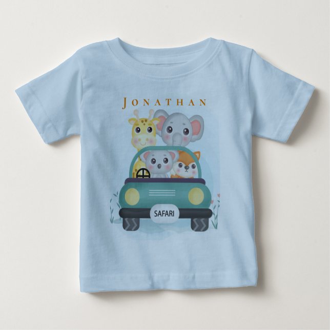 Camiseta Para Bebê Personalize Animais de Safari Fofos Numa Viagem  (Frente)