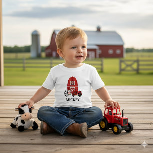 Camiseta Para Bebê Personalize Celeiro da Fazenda e Trator Vermelho F