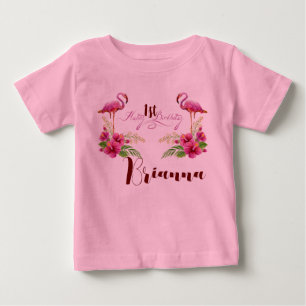 Camiseta Para Bebê Personalize Flamingo Hibisco Rosa Aniversário de M