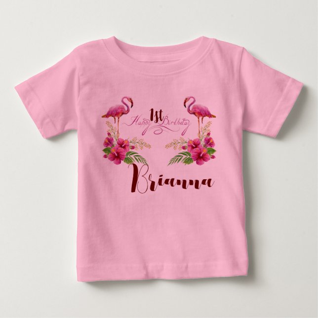 Camiseta Para Bebê Personalize Flamingo Hibisco Rosa Menina Aniversár (Frente)