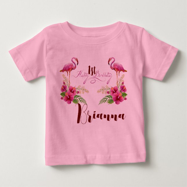Camiseta Para Bebê Personalize Flamingo Hibiscus Rosa Menina Aniversá (Frente)