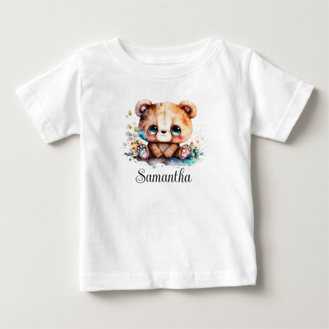 Camiseta Para Bebê Personalize Quarto Infantil Ursozinho Watercolor (Frente)