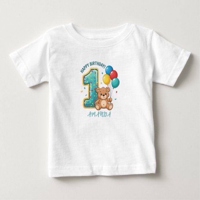 Camiseta Para Bebê Personalized 1st Birthday Bear Baby T-Shirt (Frente)