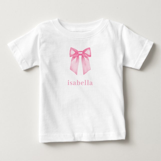 Camiseta Para Bebê Personalized Baby Girl Pink Bow Name (Frente)