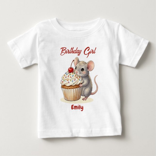 Camiseta Para Bebê Personalized Birthday Girl | Cute Mouse & Cupcake (Frente)