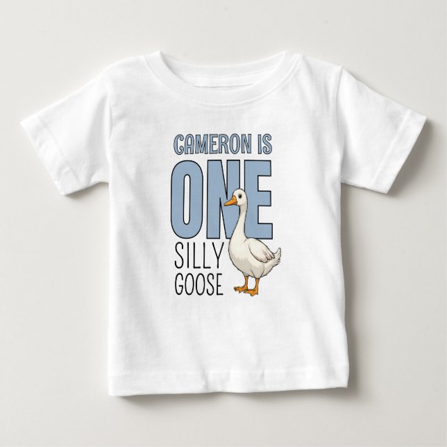 Camiseta Para Bebê Personalized Blue One Silly Goose First Birthday (Frente)