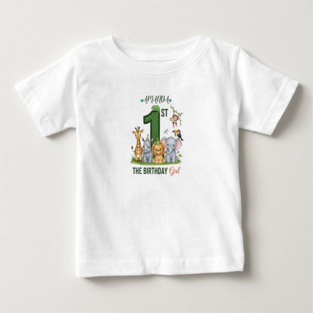 Camiseta Para Bebê Personalized Safari 1st Birthday Girl T-Shirt (Frente)