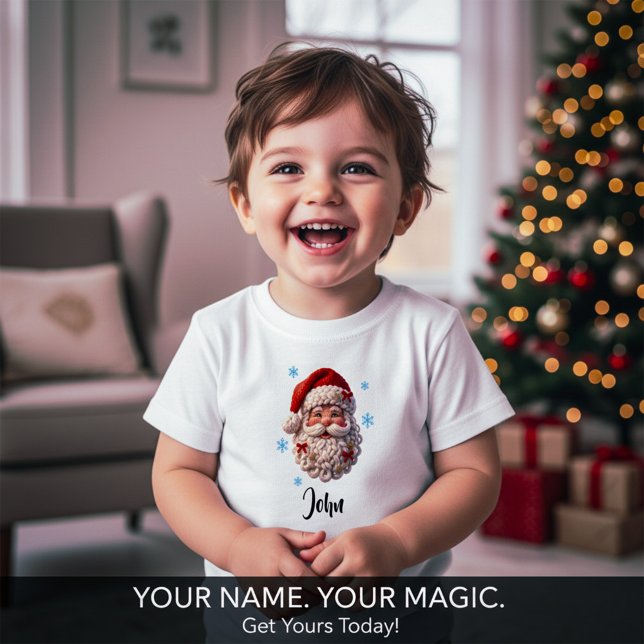 Camiseta Para Bebê Personalized Santa Face Knitted Christmas  (Personalized Santa Face Knitted Christmas Design – Custom Name Gift)