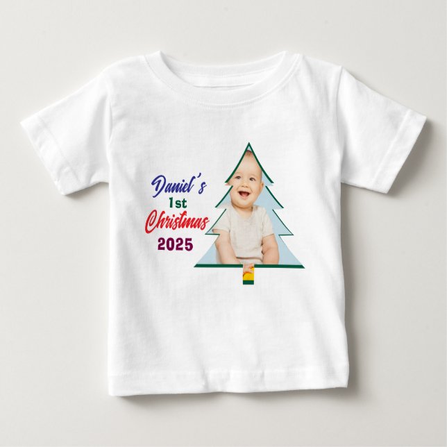 Camiseta Para Bebê Personlized Photo Daniel's 1st Christmas Tree  (Frente)