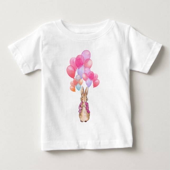Camiseta Para Bebê Peter, a Jaqueta rosa do coelho e os balões (Frente)