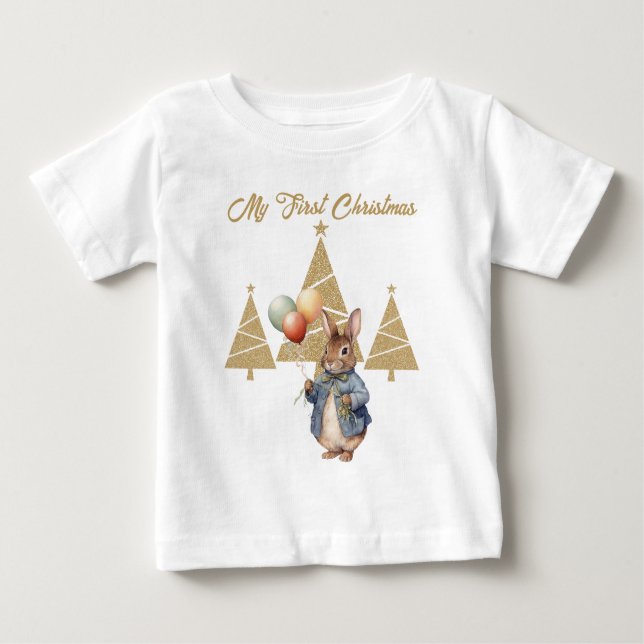 Camiseta Para Bebê Peter o coelho Balões Primeira Árvore de Natal (Frente)