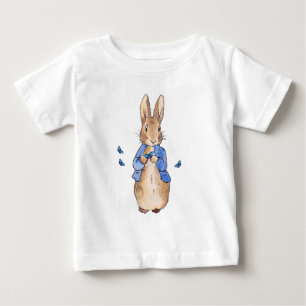 Camiseta Para Bebê Peter o Coelho com borboletas azuis