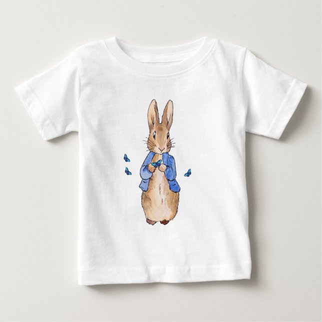 Camiseta Para Bebê Peter o Coelho com borboletas azuis (Frente)