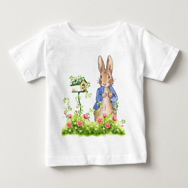 Camiseta Para Bebê Peter o Coelho em Seu Jardim (Frente)