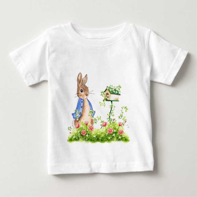 Camiseta Para Bebê Peter o Coelho em seu Jardim (Frente)