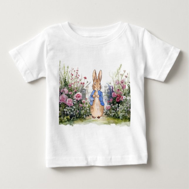 Camiseta Para Bebê Peter o Coelho em seu jardim nº 2 (Frente)