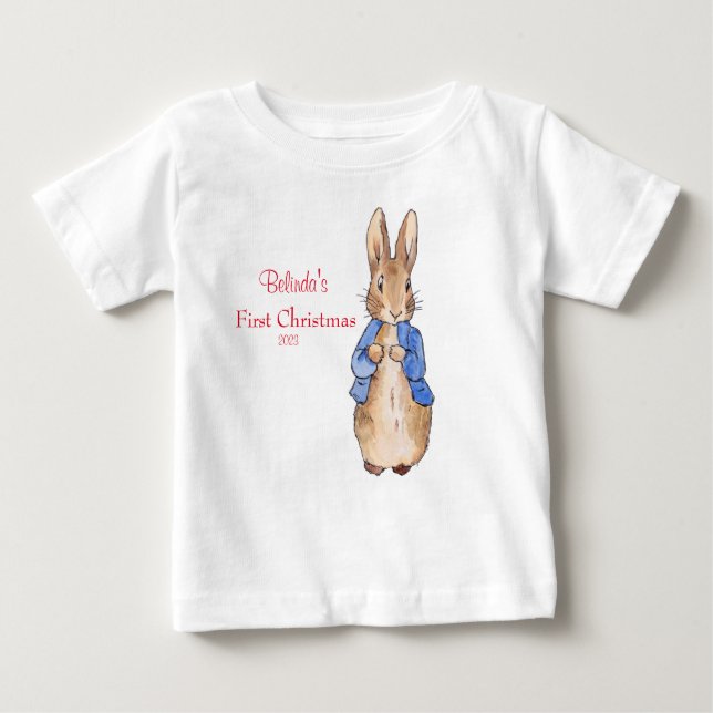 Camiseta Para Bebê Peter, o Coelho Personalizar Primeiro Natal (Frente)