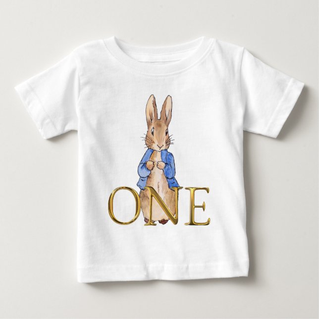 Camiseta Para Bebê Peter o coelho Primeiro Aniversário Um (Frente)