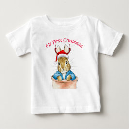 Camiseta Para Bebê Peter, o coelho sentado em um Pote com Santa Hat