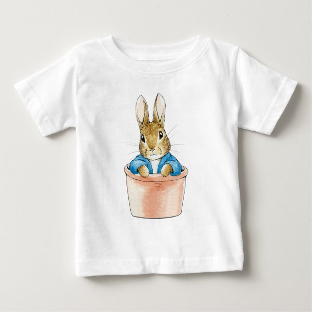 Camiseta Para Bebê Peter, o coelho sentado no Pote das plantas (Frente)