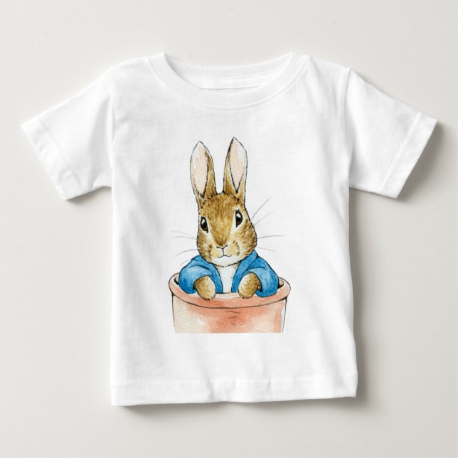 Camiseta Para Bebê Peter, o coelho sentado num Pote (Frente)