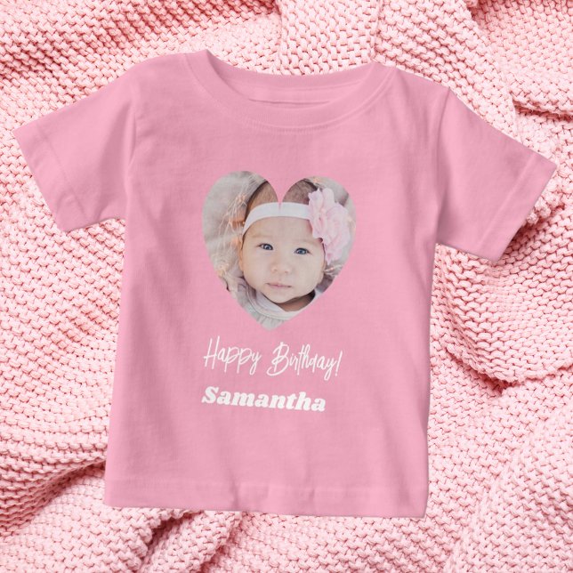 Camiseta Para Bebê Photo heart name birthday girl pink (Criador carregado)
