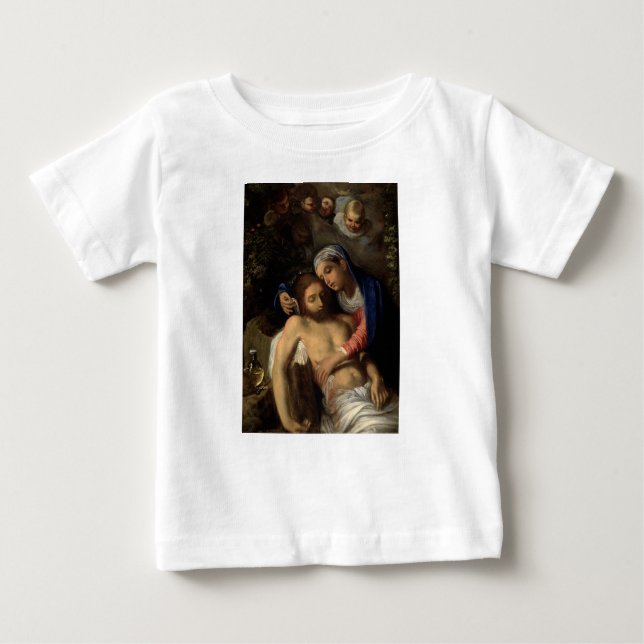 Camiseta Para Bebê Pietà (Maria e Jesus) (por Adam Elsheimer) (Frente)