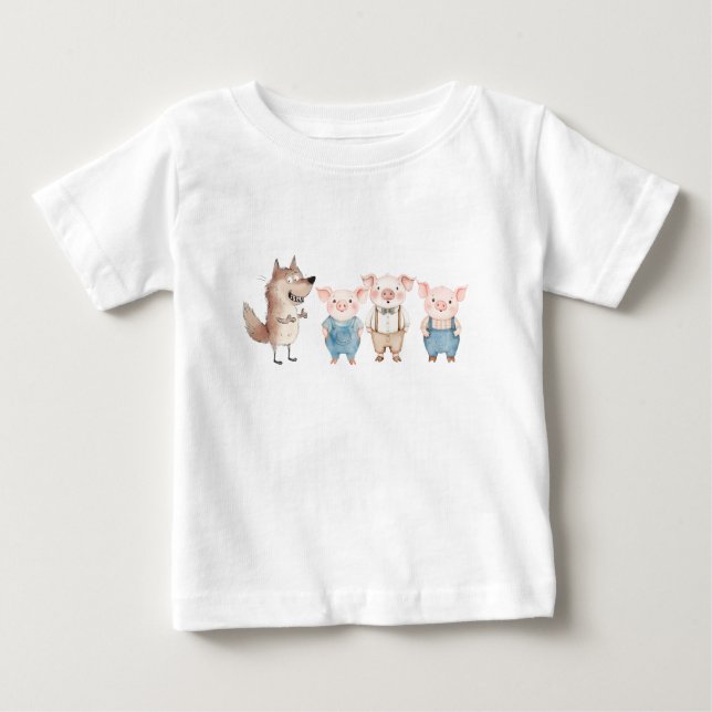 Camiseta Para Bebê Pigs and Bad Wolf cartoon (Frente)