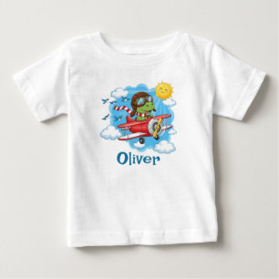 Camiseta Para Bebê Piloto de Dinossauro de Desenho Animado Voando Avi