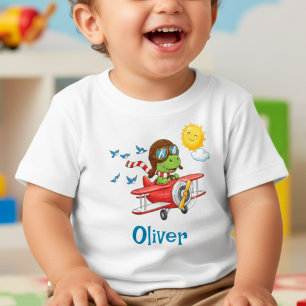 Camiseta Para Bebê Piloto de Dinossauro Fofo Voando Avião Vermelho