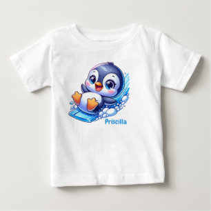 Camiseta Para Bebê Pinguim Adorável deslizando no gelo