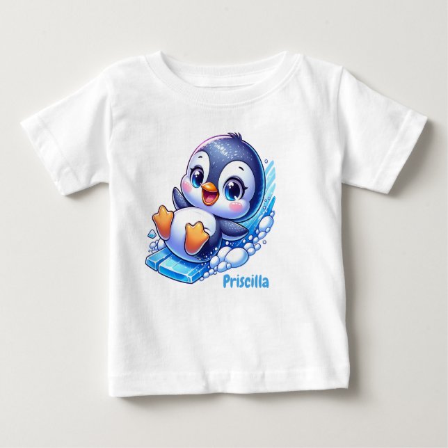 Camiseta Para Bebê Pinguim Adorável deslizando no gelo (Frente)
