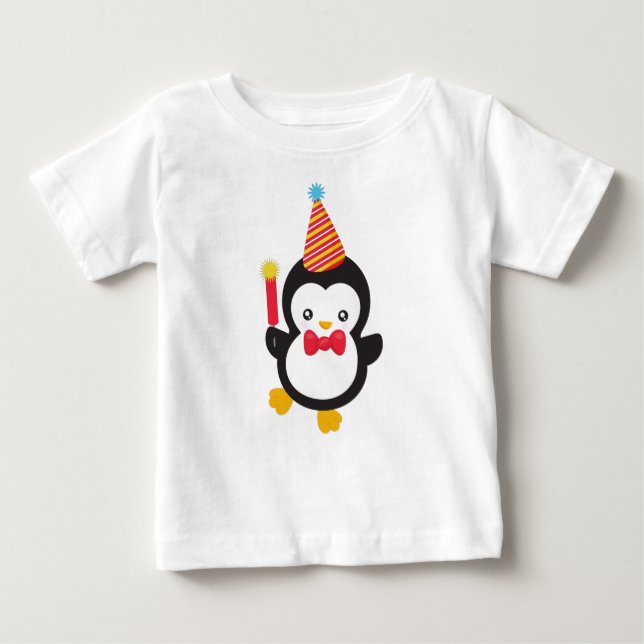 Camiseta Para Bebê Pinguim Bonito, Chapéu Fpartidário, Firecracker, B (Frente)