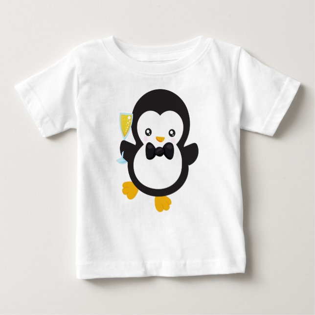Camiseta Para Bebê Pinguim Bonito, Pinguim Com Champanhe, Partido (Frente)