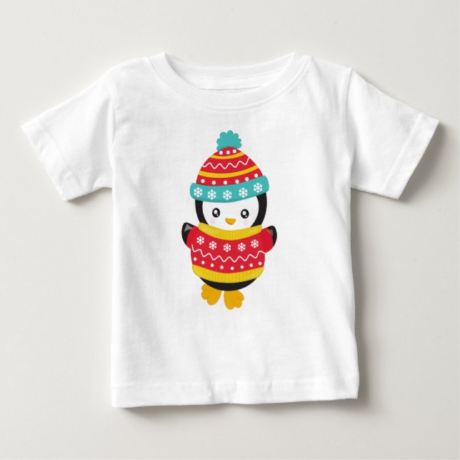 Camiseta Para Bebê Pinguim Bonito, Pinguim Com Suéter, Chapéu (Frente)