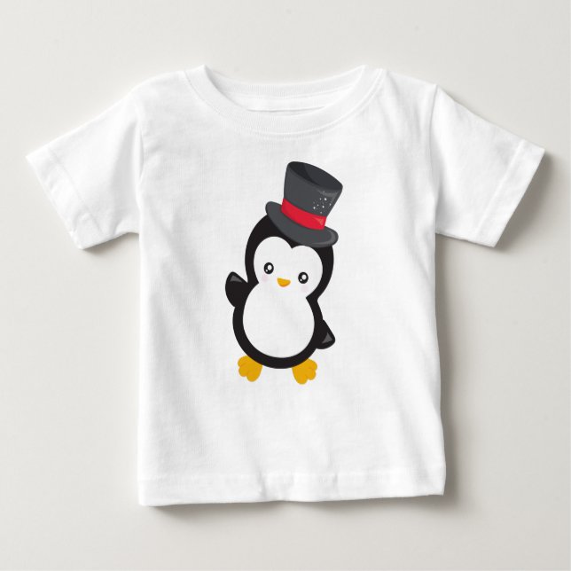 Camiseta Para Bebê Pinguim Bonito, Pinguim Pequeno, Chapéu Superior (Frente)