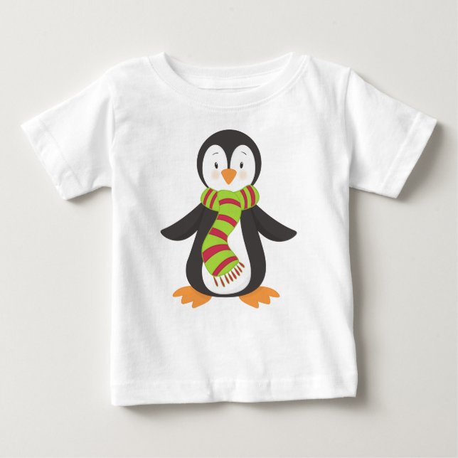 Camiseta Para Bebê Pinguim Bonito, Pinguim Pequeno, Pinguim Com Scarf (Frente)