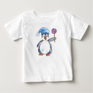Camiseta Para Bebê Pinguim branco bonito com um pirulito