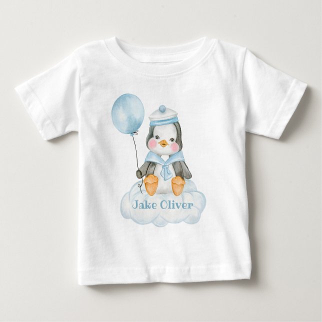 Camiseta Para Bebê Pinguim Cartoon Bebê Azul (Frente)
