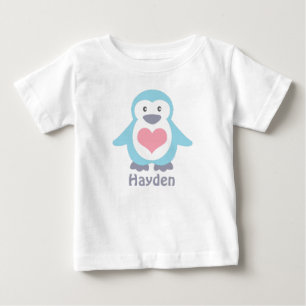Camiseta Para Bebê Pinguim Cinto e Coração Rosa Personalizados