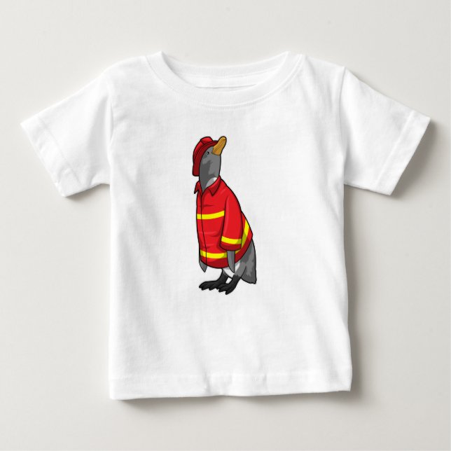 Camiseta Para Bebê Pinguim como Bombeiro com Capacete (Frente)
